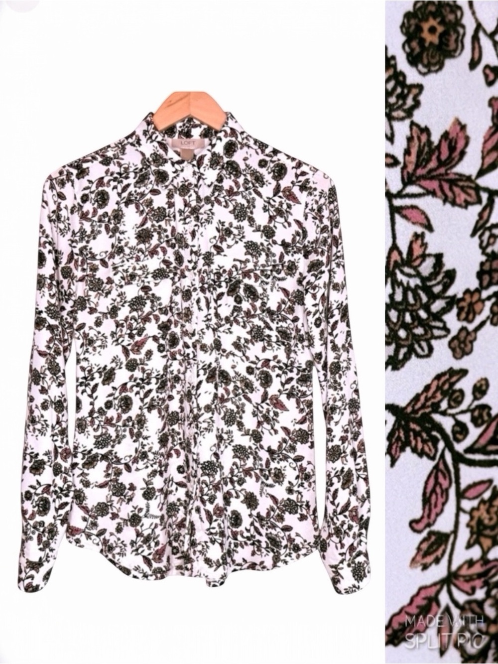 LOFT Floral Print Collared Button-Down Blouse with Chest Pockets Women’s Size XS